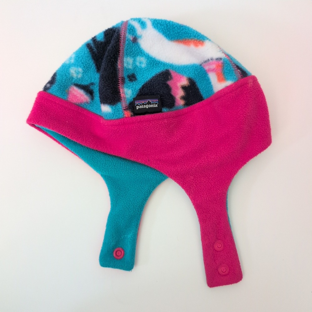 Patagonia Baby Synchilla Fleece Earflap Hat Penguin Print Pink Blue Toddler